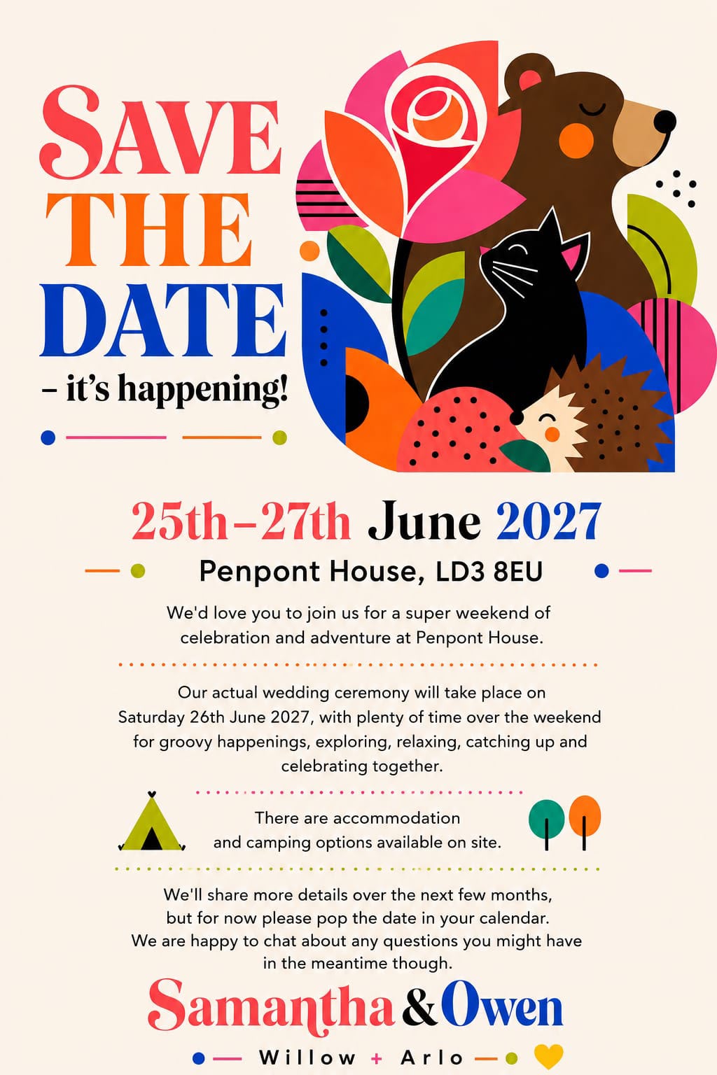 The colourful rose, bear, cat and hedgehog from our save the date.